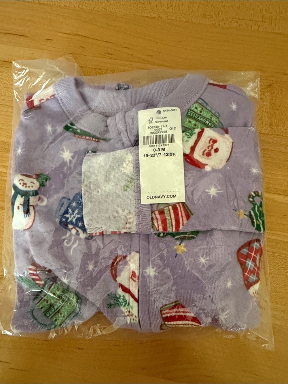 Old Navy Lavender Baby Holiday Footed Pajamas - Santa & Snowman Print